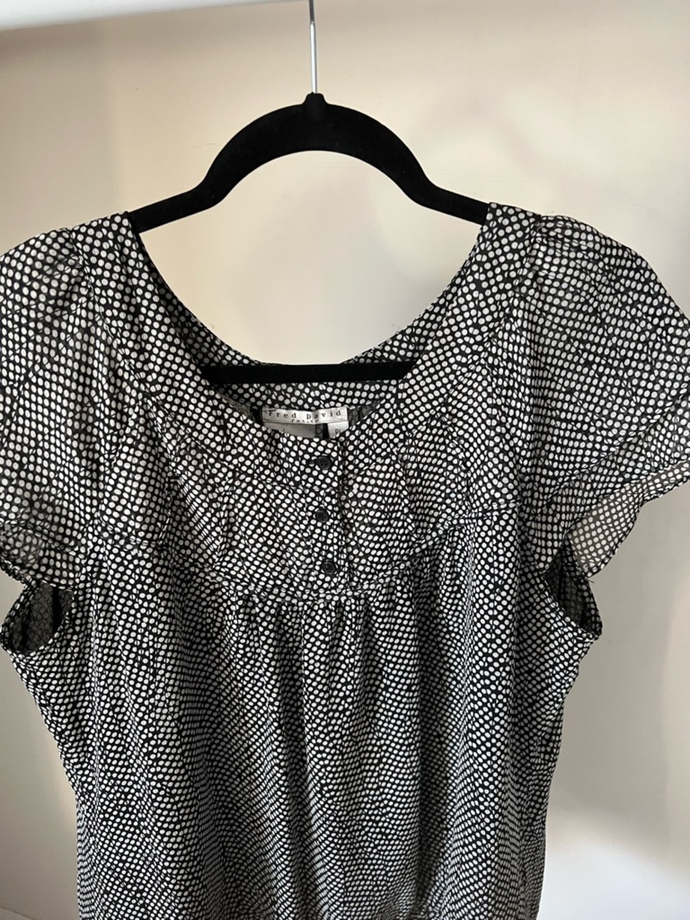 Fred David women Polka Dot Short Sleeve Blouse - Black & White sz large petit